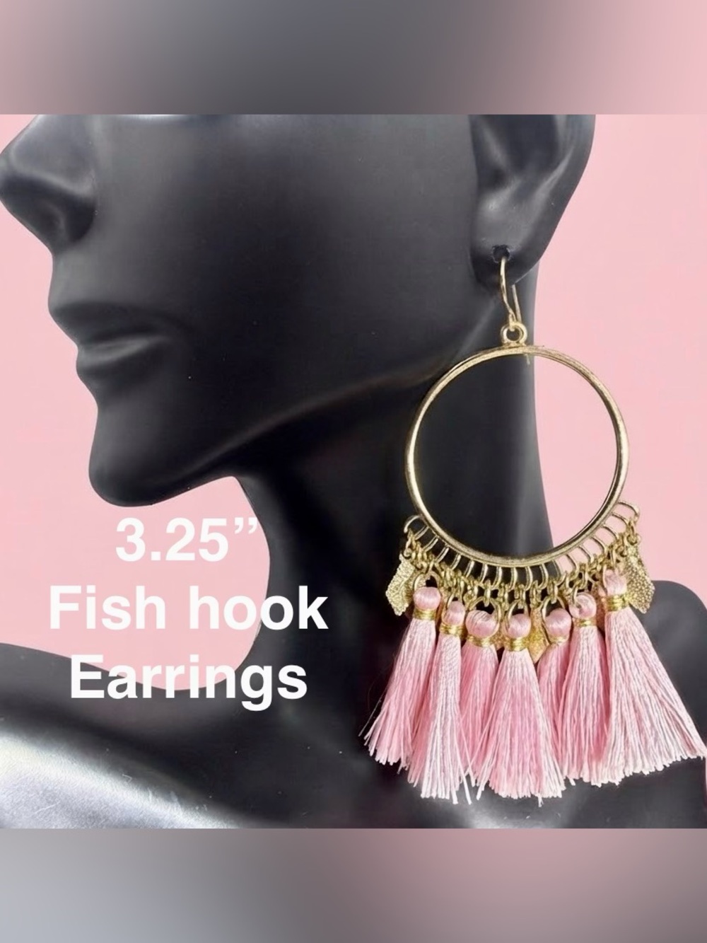 Gold Hoop Pink Tassel Dangle Earrings
